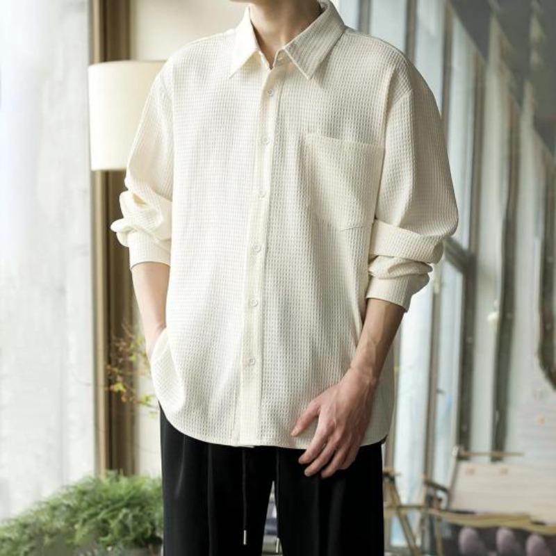 Camicia a Bottoni Waffle da Uomo Yousheng Manica Lunga Casual Vestibilità Larga con Taschino sul Petto Camicia Elegante da Uomo Autunnale