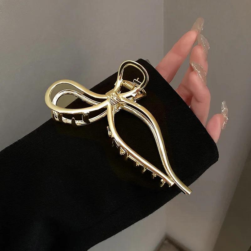 Large Bowknot Womens Hair Claw Clip for Thick Thin Hair Accessories Trendy Elegant Gold Silver Metal Streamer Crab Clamp Jewelry
