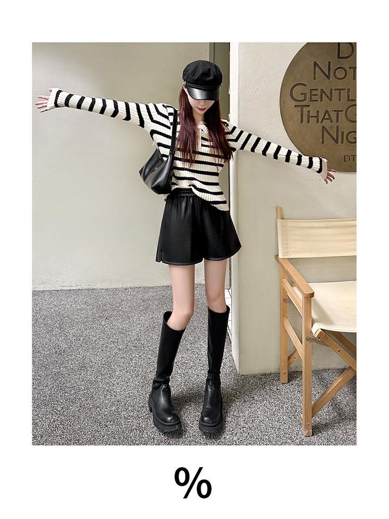 Черные шорты А-силуэта из искусственной кожи с высокой талией для женщин - Осенне-зимний стиль