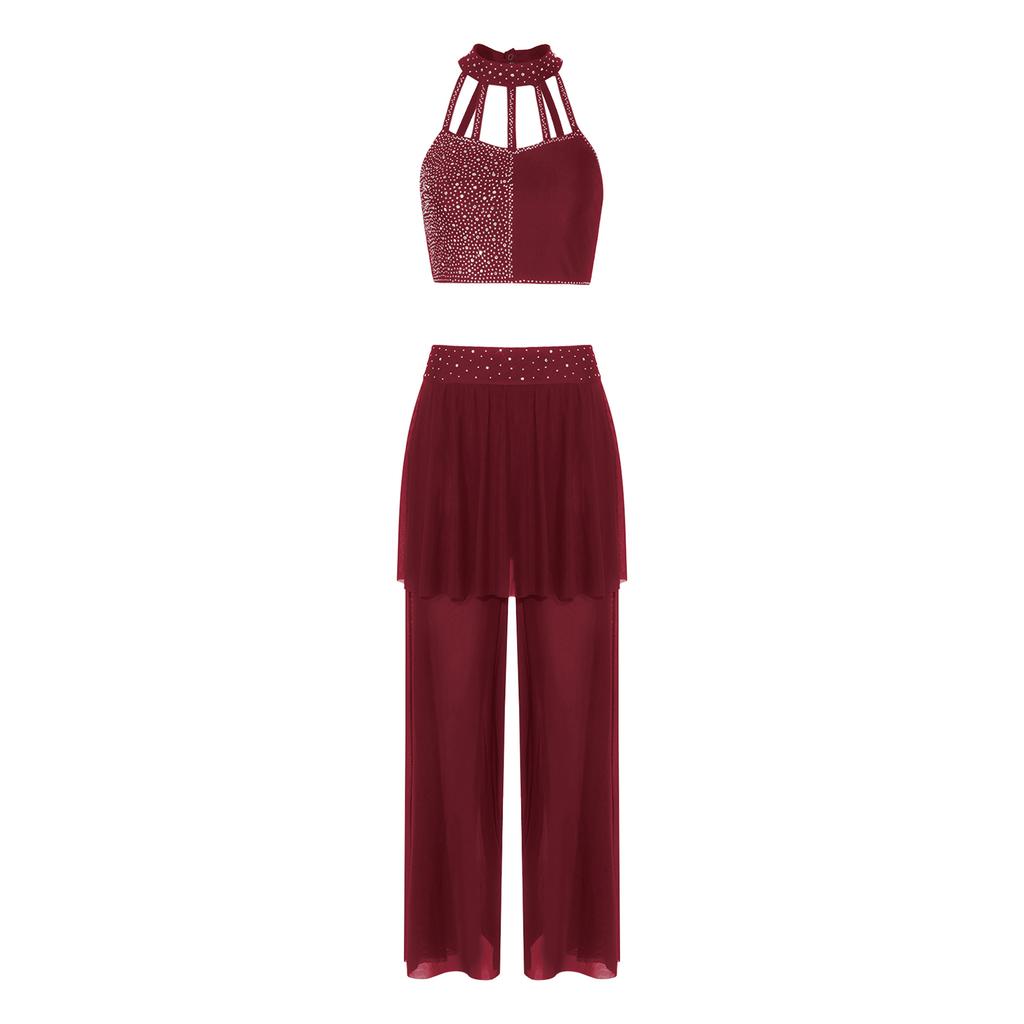 Completo Danza Lirica da Donna Crop Top con Strass e Spalline a Collo Alto Pantaloni a Gamba Larga in Rete Gonna Dancewear