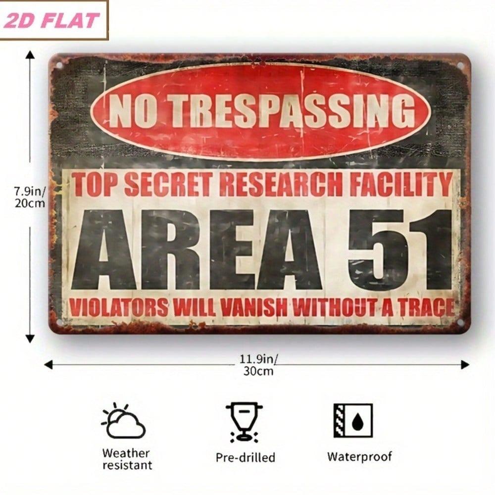 Area 51 No Entry Metal Sign, Vintage Top Secret Tinplate Poster, Funny Alien Warning Decor for Man Cave
