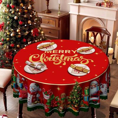 Christmas Round Tablecloth Cartoon, Santa Claus Gingerbread Man Snowman Print, European Table Cloth Restaurant Decoration
