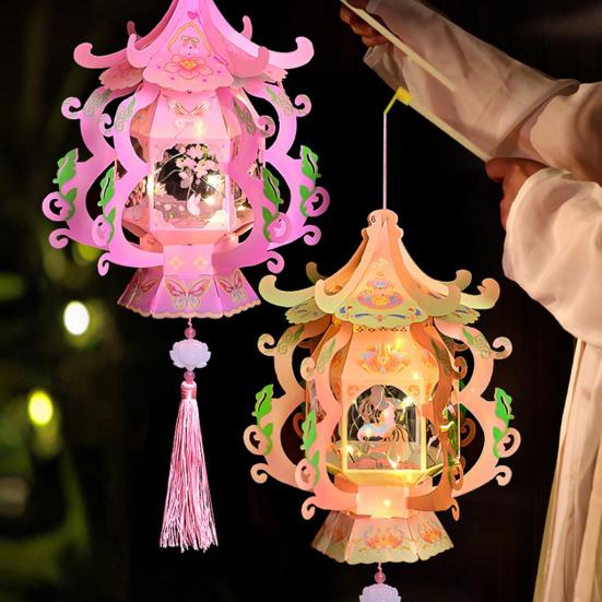 Handmade Chinese Traditional Lantern Kit Handcrafted Handheld 3D Hollow Chinese Palace Lantern with Lotus Tassel for Spring Festival Decoration