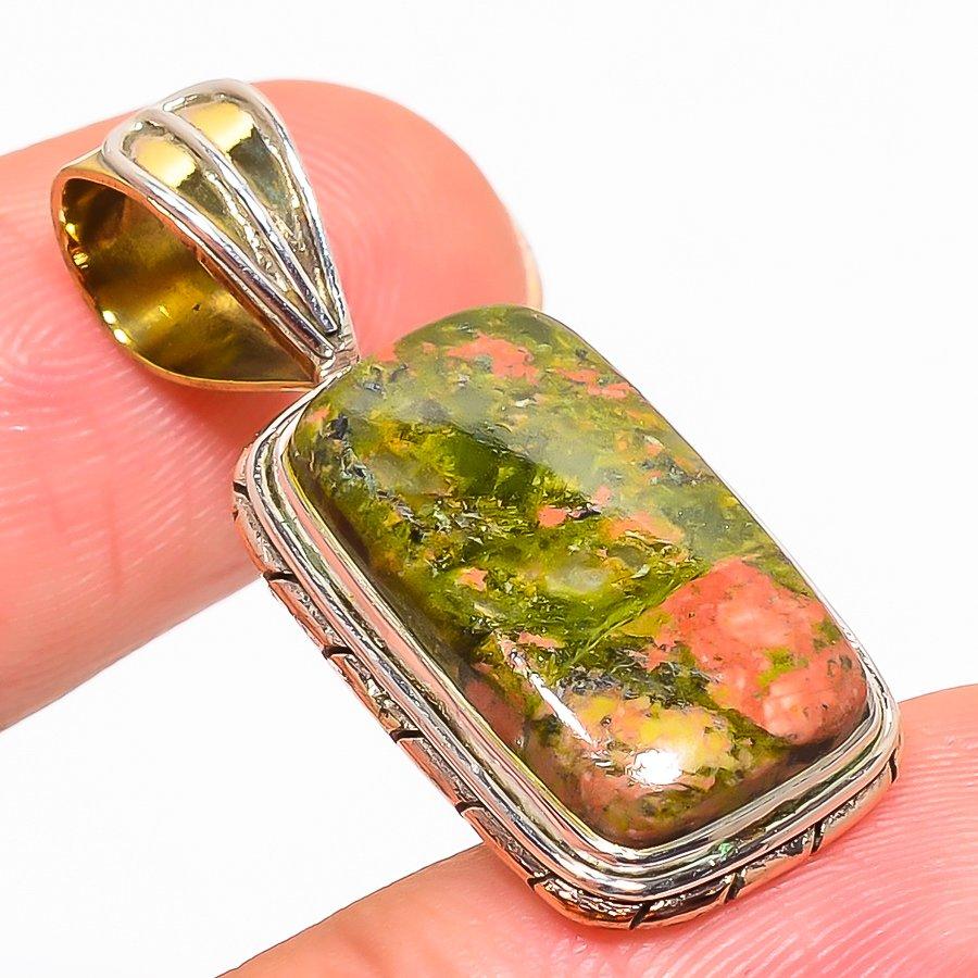 Natural Unakite Gemstone Two Tone 925 Solid Sterling Silver Pendant 1.30" u3P38