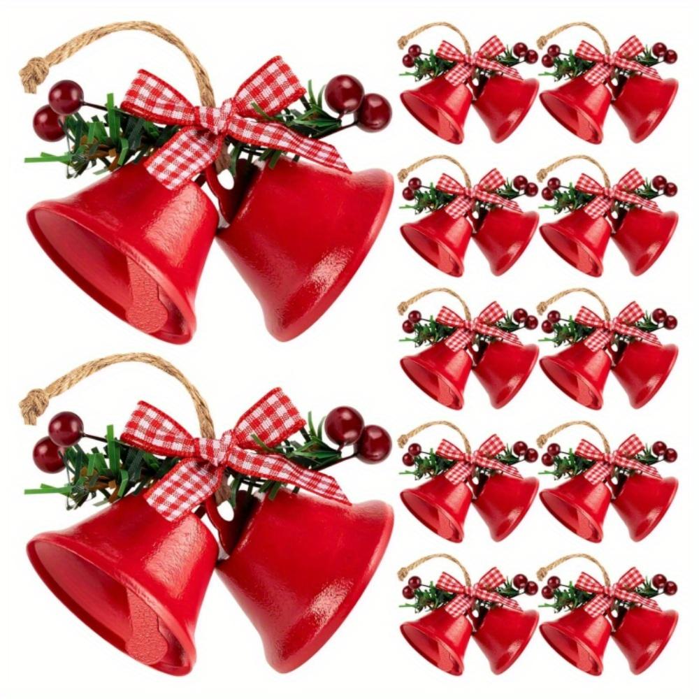 12pcs Cast Iron Christmas Bells Decorations with Red,White Gingham Bow Greenery Durable Indoor/Outdoor Hanging Decor,Rustic Christmas Decorations,