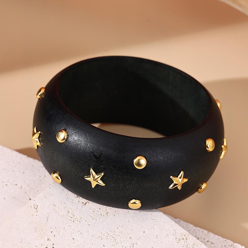 Exaggerated Natural Wooden Square Round Resin Bracelets for Women Men Hip Hop Rivet Beads Wide Bangles Hand Jewelry