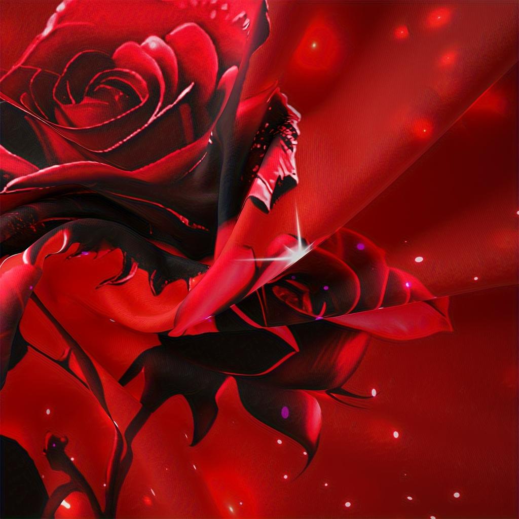 3Pcs Rose Print Duvet Cover Set Red & Black Floral Design Zipper Closure All-Season Comfortable Polyester Fabric
