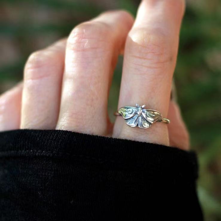 Vintage Death Moth Statement Ring, Retro Engraved Luna Moth Ring, Gothic Insect Stack‑able Jewelry, Unique Gift for Women Men