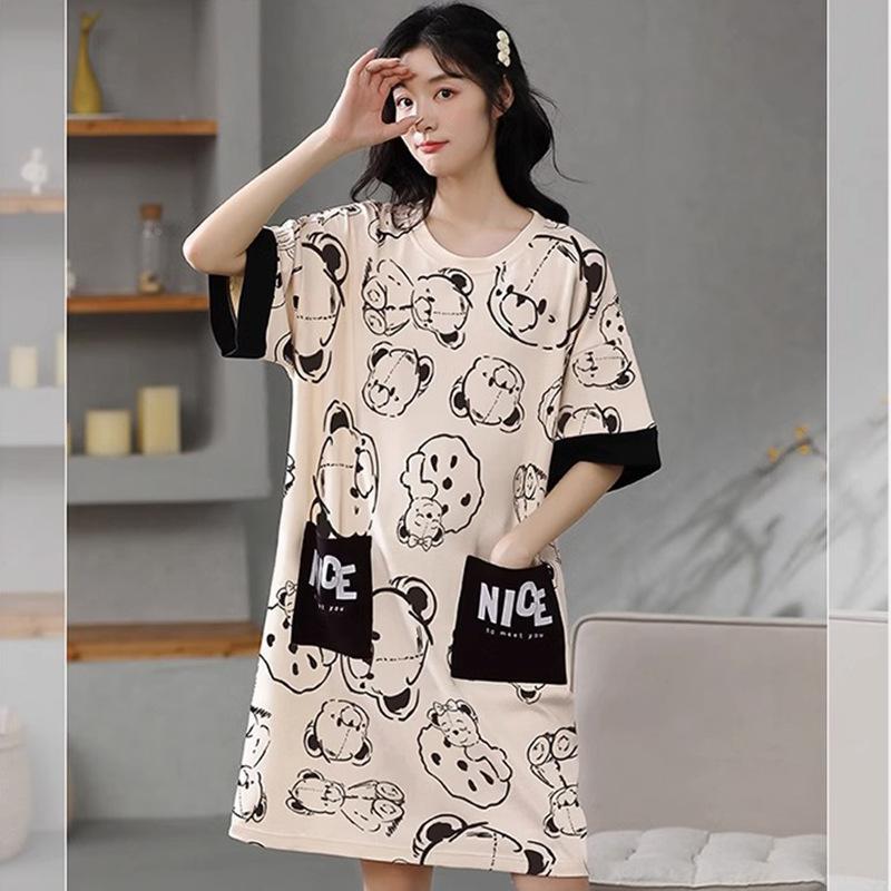 Pajamas Women's Summer Thin Pajamas Short Sleeves Large Size Fat Mm Medium and Long Pajamas Pajamas Loungewear