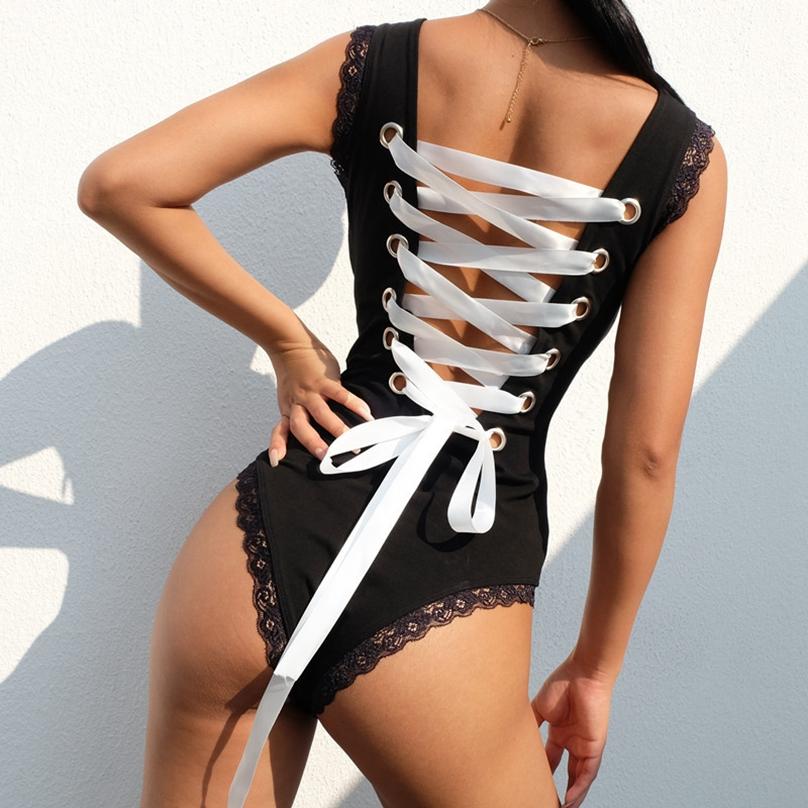 European Style Summer Ladies Sexy Lingerie Bodysuit Back Lace Up Leotard Jumpsuit