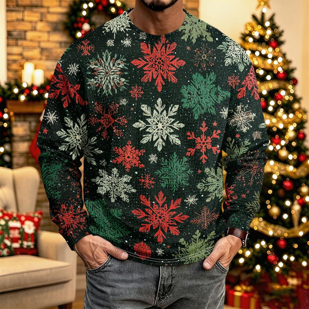 Men's Casual Knit Long Sleeve Neck Shirt with Christmas Print for Holiday Parties