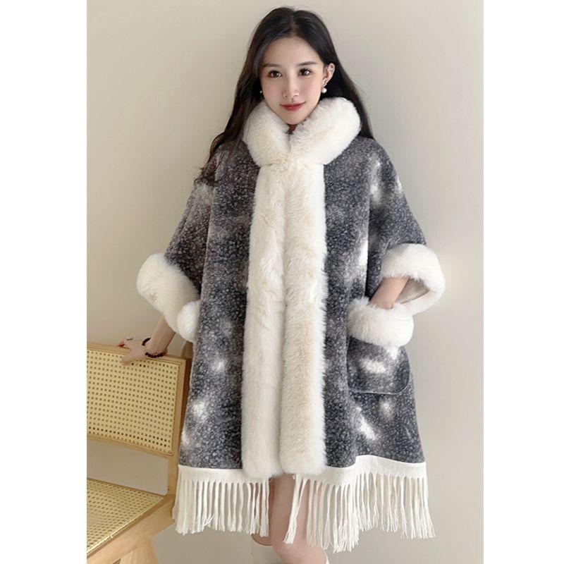 Mit Fleece gefütterter verdickter Schal Großer Pelzkragen Umhang Umhang Oberbekleidung Damen Herbst und Winter Neuankunft stilvolle Kapuzenoberbekleidung