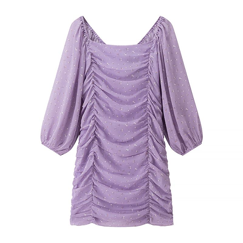 

Romantic Flower Stream French style Gentle and Pure Desire Purple Floral Pleat Sexy Slim fit Waist Hugging Sheath Temperament Dress Romantic Flower Stream L