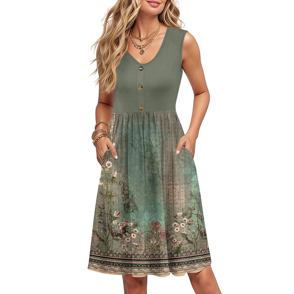 Women Summer Dresses Sleeveless Casual Loose Swing Button Down Midi Sundress With Pockets