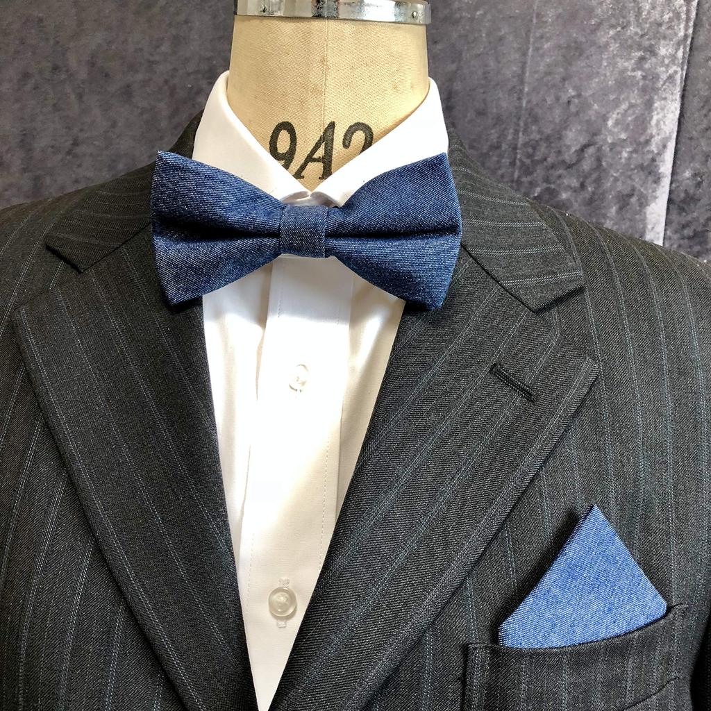 [Nanairo Bow Tie Specialty Shop] Denim Indigo Blue [Bow Tie and Pocket Square 2-Piece Set for Men - One-Touch, Formal, Jeans, Casual, After-Party,