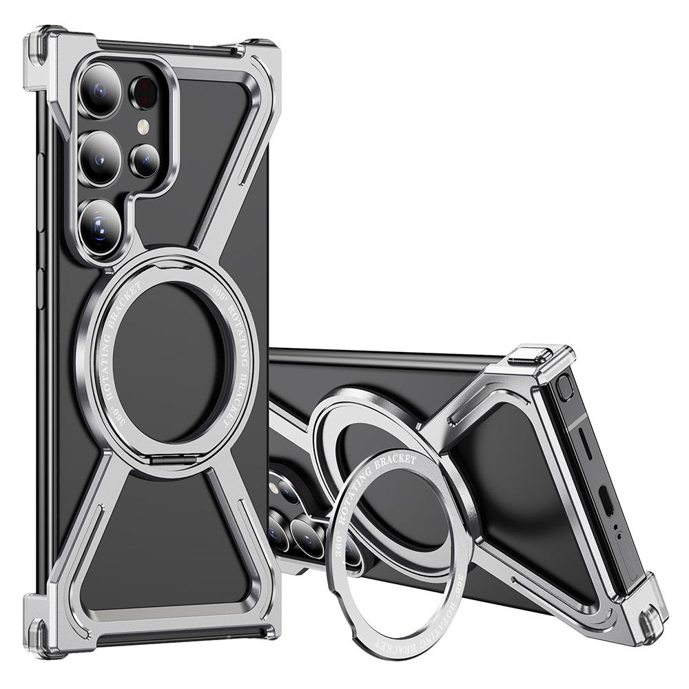 

Для Samsung Galaxy S24 Ultra Магнітний чохол Військовий клас Захист від падінь Обертова підставка Титановий сплав Бампер Чохол для телефону Silver