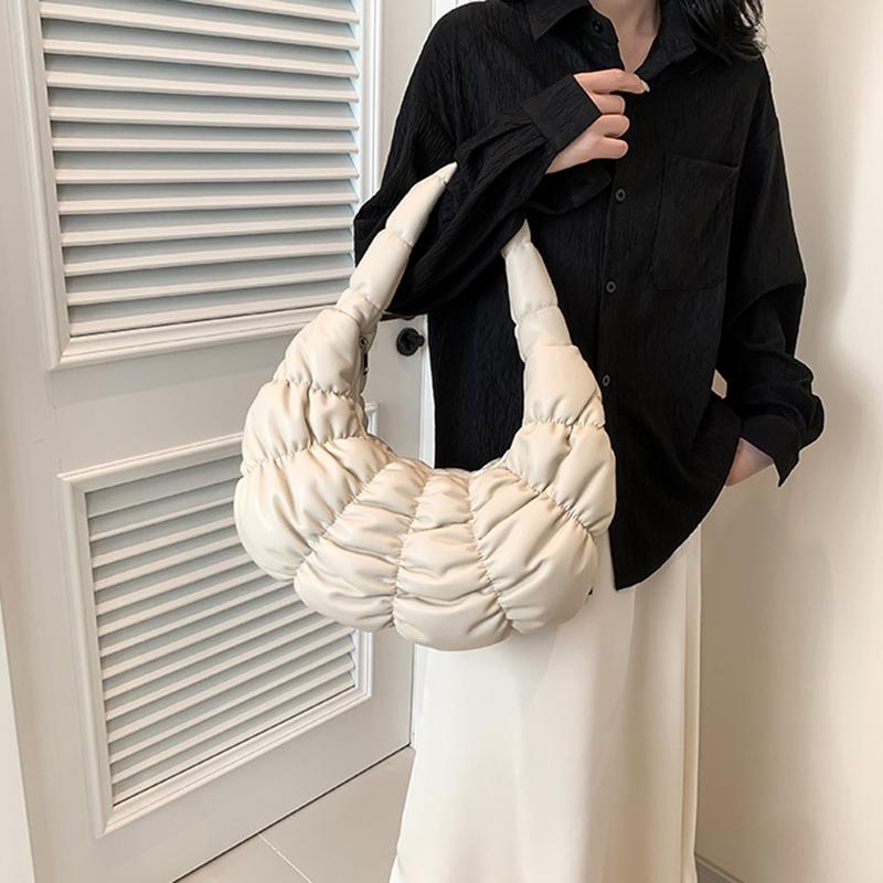 Quilted Padded Crossbody Bag for Women Ruched Shoulder Cloud Bag PU Leather Half Moon Hobo Bag Bubbles Handbag Purses