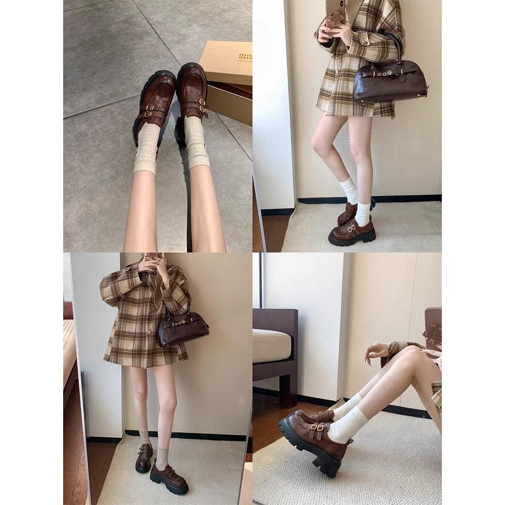 Washed Cowhide Version~ Height Increase 6cm Genuine Leather Small Gold Buckle Thick Heel Thick Sole Loafer Single Shoes Women's Leather Shoes