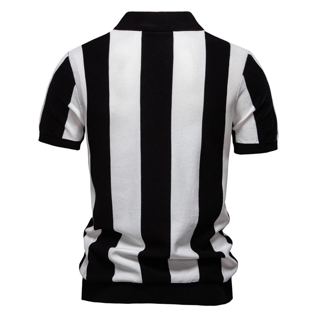 Top Tricotat cu Fermoar și Rever cu Mânecă Scurtă cu Dungi de Vară pentru Bărbați Cămașă Casual de Modă pentru Bărbați