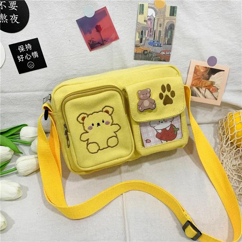 Fashion Canvas Small Bag Japanese Ins Women Shoulder Bag Cute Funny Personality Embroidery Bear Teenager Girl Student Transparent Messenger Bag