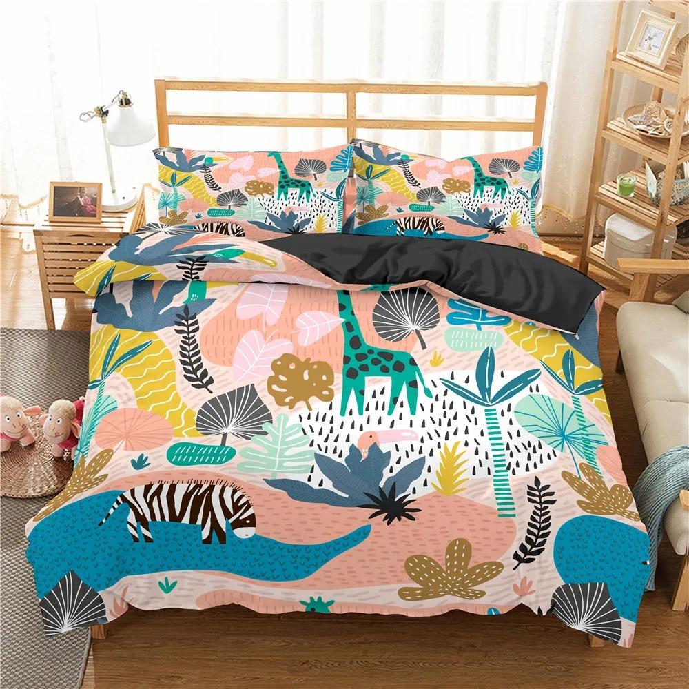 Jungle Animal Duvet Cover King Queen Tropical Plants Palm Leaves Bedding Set Kids Tiger Wildlife 23pcs Polyester Quilt Cover