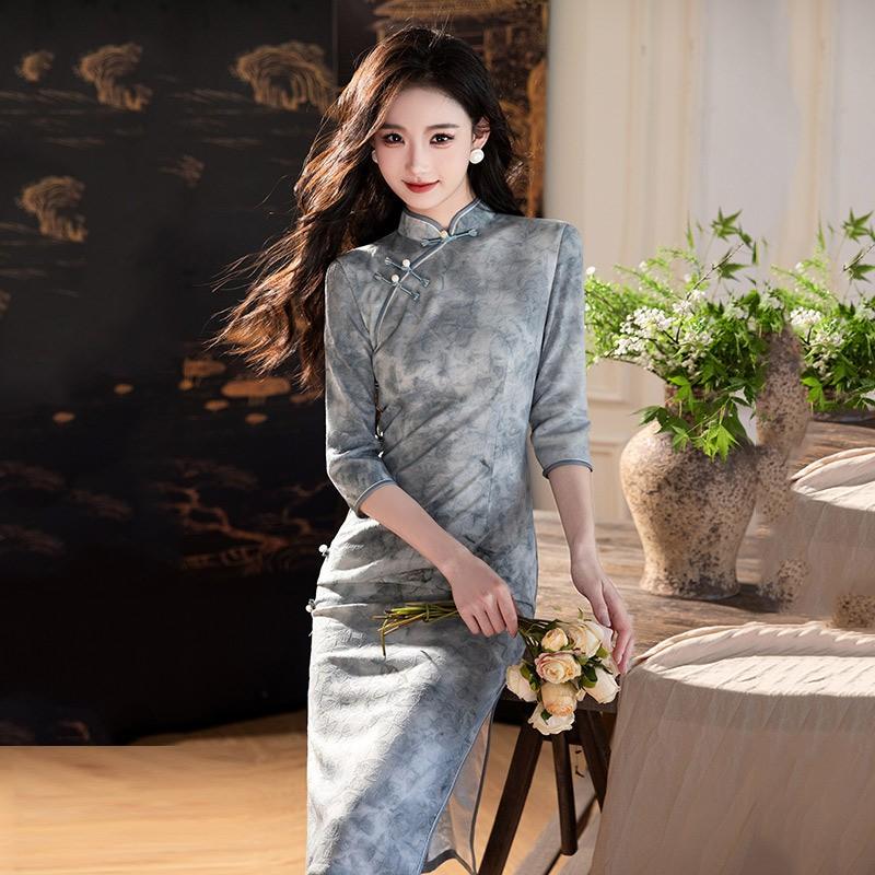 Elegant Blue Chinese-Inspired Modern Cheongsam Dress Women Slim Fit Vintage Style With Stand Collar Side Slit