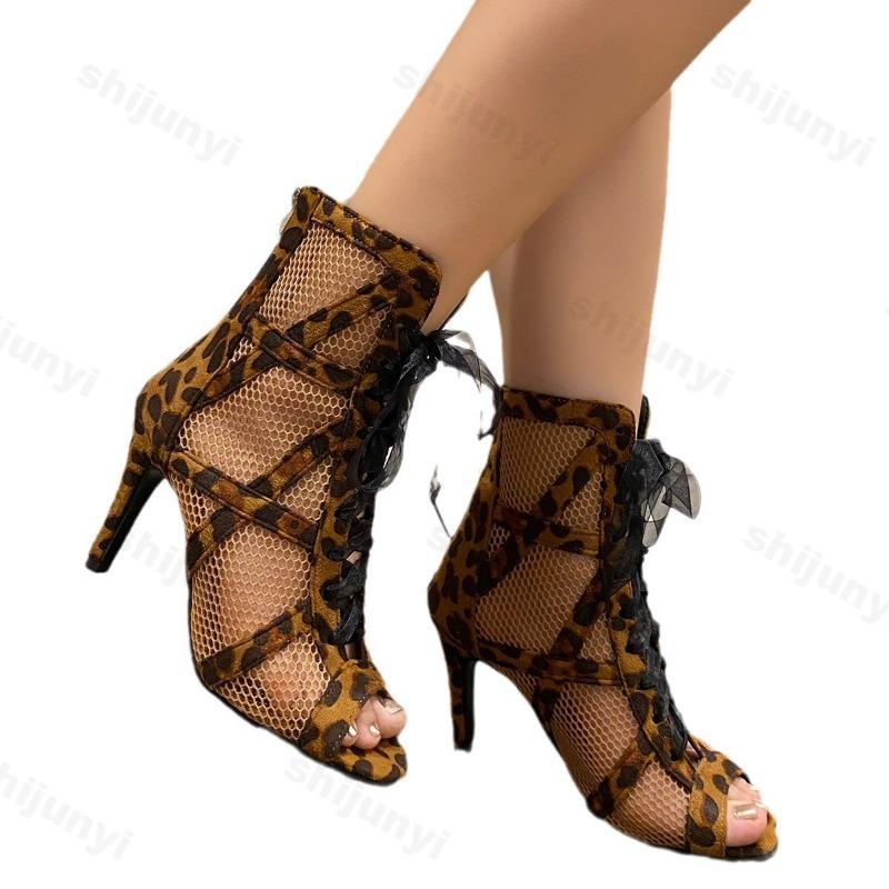 Fashion Female Shoes Leopard Print 2025 Peep Toe Women's Sandals Mesh Ankle Boots High Heel Fishnet Boot Ladies Lace Latin Dance Shoes