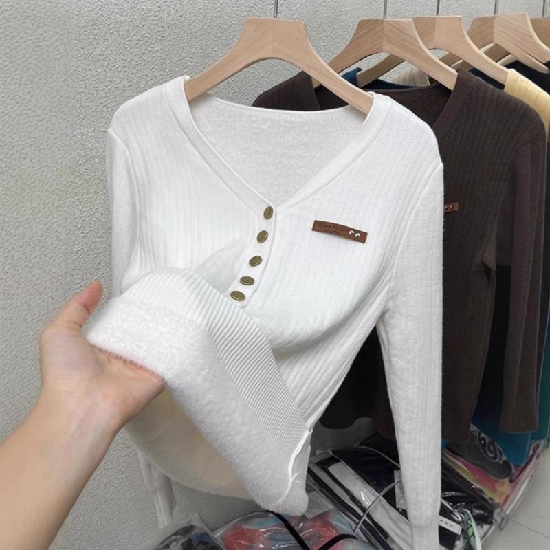 One-piece Fleece-neck Sweater for Women's Autumn and Winter New Fleece Thickened Slim-fitting Solid-color Knitted Bottoming Top