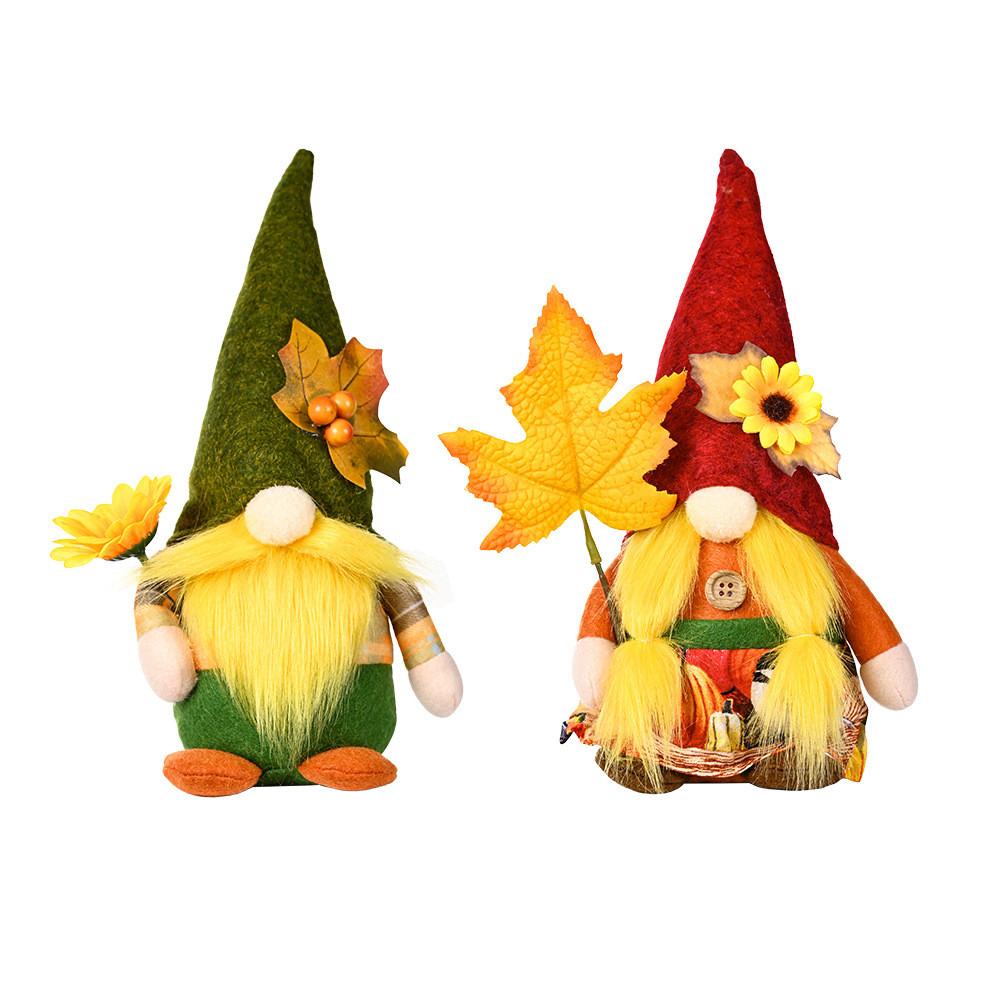 Plush Harvest Season Rudolf Gnome Figurine With Colorful Maple Leaf Hat And Floral Accents