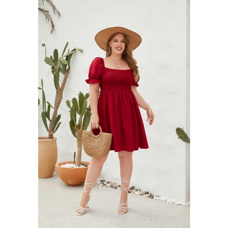 Plus Size Women's Plus Size Solid Color Casual Vacation Travel Square Neck Bubble Sleeve Dresses