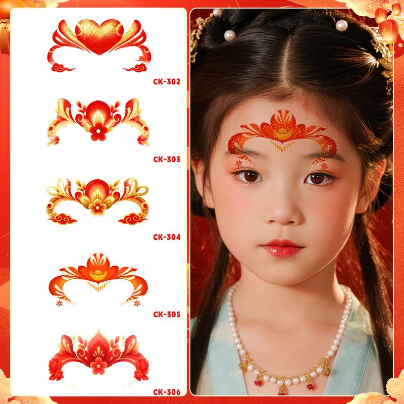 New Year Glitter Tattoo Stickers for Kids: Non-toxic, Easy to Clean, High-End, Cute Forehead Designs.
