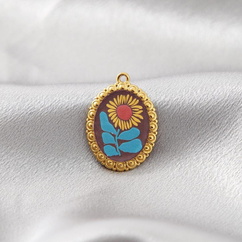 Vintage Floral Oil Painting Necklace Pendant - Stainless Steel, High-End Fashion Accessory