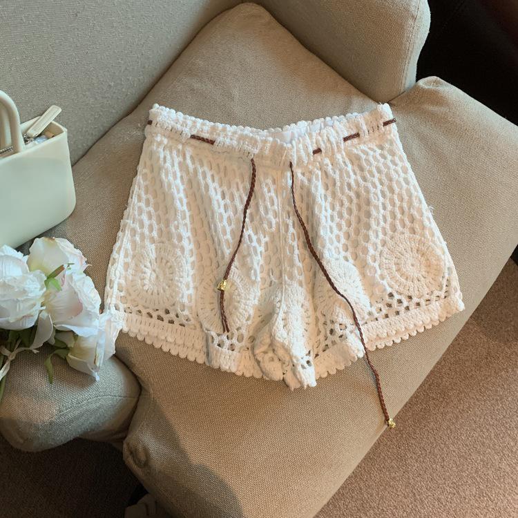 Women's Lace Hollow-Out A-Line High Waist Wide-Leg Three-Quarter Sports Shorts - Summer Anti-Exposure Style