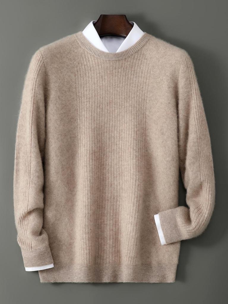 Men's High-Quality 100% Wool Round Neck Sweater, Vertical Ribbed Knit, Soft and Luxurious Thick Base Layer