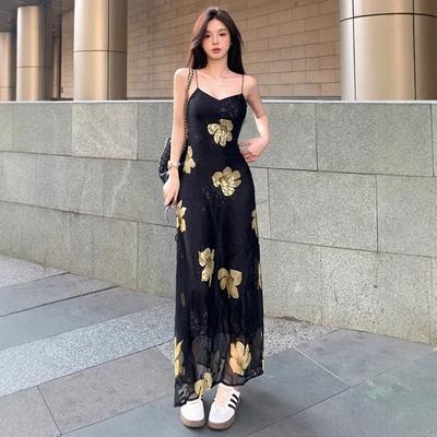 Black Flower Suspender Dress Children's Summer New High-end Retro Slim and Thin Temperament Versatile Dress