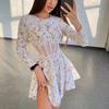 Women's Long Sleeved Summer Round Neck Floral Dress Sexy Mesh Hollow Out Short Skirt Hollow Out Patchwork Dress
