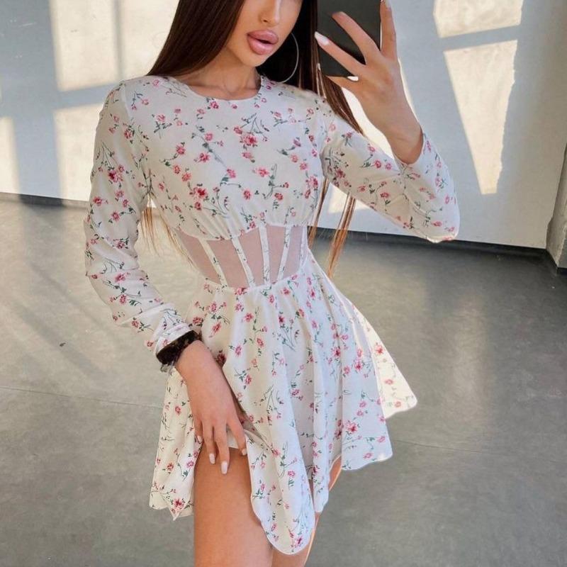 Women's Long Sleeved Summer Round Neck Floral Dress Sexy Mesh Hollow Out Short Skirt Hollow Out Patchwork Dress