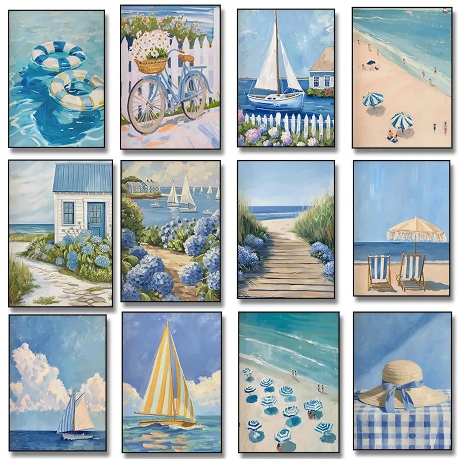 Blue Coastal Beach Seashell Sailboat Posters Prints Canvas Painting Wall Art Pictures Living Room Home Decor Cuadros