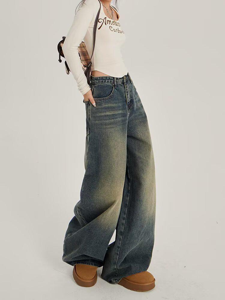 Women's High-Waisted Wide-Leg Retro Jeans - Spring/Autumn Trendy Floor-Length Pants