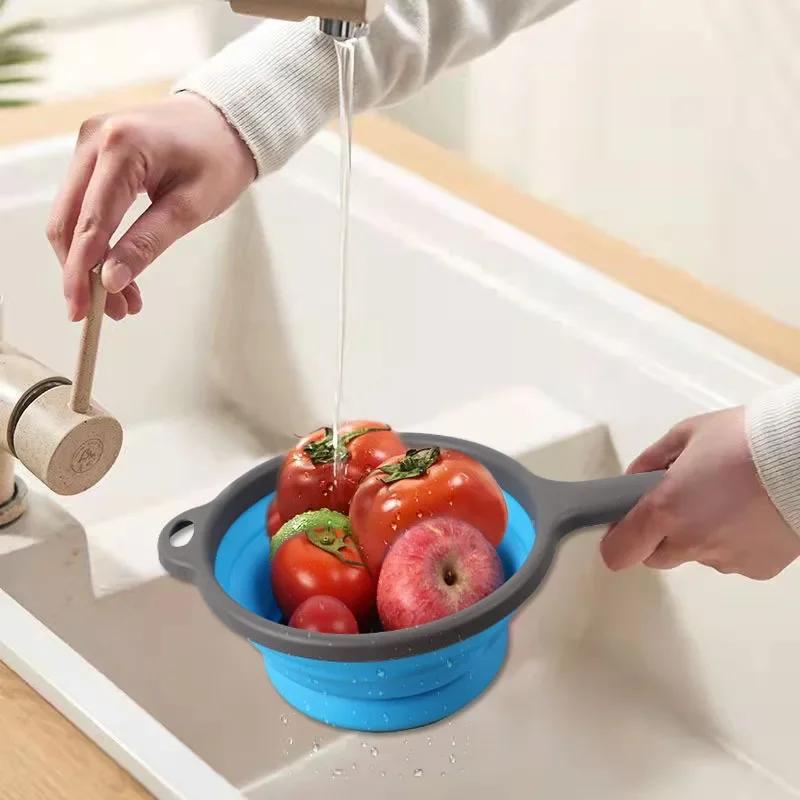 Foldable Silicone Colander Fruit Vegetable Washing Basket Strainer with Handle Strainer Collapsible Drainer Kitchen Tools
