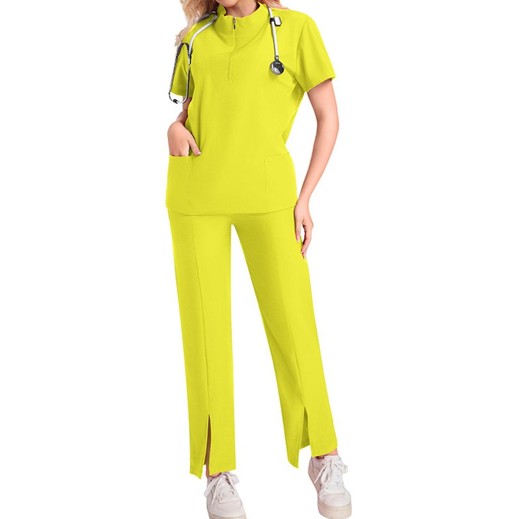 Women's Short Sleeved Solid Color High Collar Pocket Top Pants Work Clothes Two Piece Set