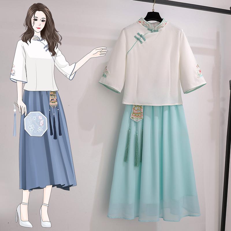 Retro Ethnic Embroidered Cotton-Linen Tang Suit: Two-Piece Cheongsam Zen Tea Outfit