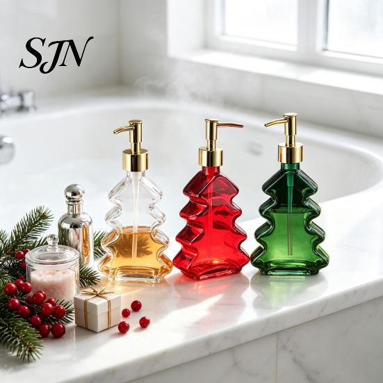 Glass Hand Soap Pump 300ml Christmas Tree Dispenser, Dish Dispenser with Pump, Hotel Guest Room Supplies Xmas Decorative Empty Bottle for Soap,