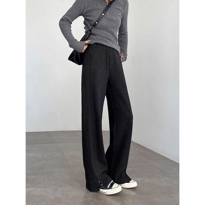 Pantalon pour femme 2024 à chevrons en laine polaire doublé fendu à jambe droite pour automne/hiver décontracté