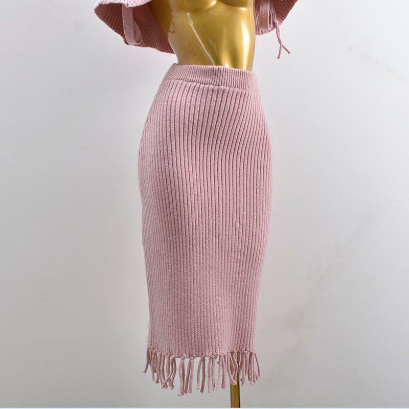 

Ретро Темперамент Дизайн Кисточки Вязаный Короткий Кейп и Шаль Топы + Юбка с Высокой Посадкой Костюм Женский Толстый Powder Single Skirt One size