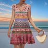 Women's Fashion Casual V Neck Wavy Edge Striped Plaid Print Short Sleeve Dress