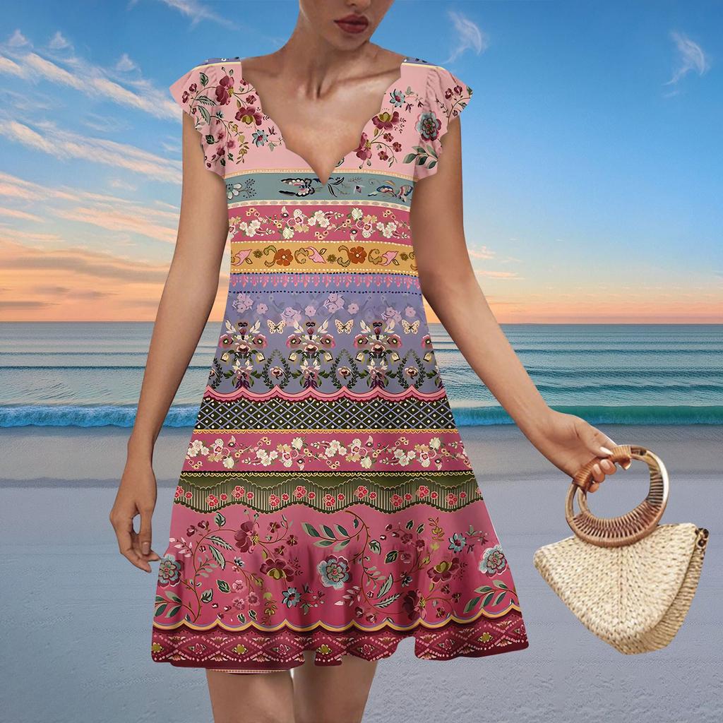 Women's Fashion Casual V Neck Wavy Edge Striped Plaid Print Short Sleeve Dress