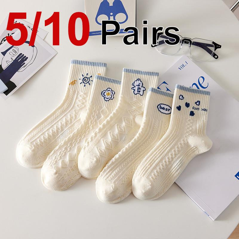 

5/10 Pairs Women Cartoon Printed Socks Fashionable Cute Sun Patterns Soft Comfortable Sweat Absorbing Breathable Casual Socks One Size