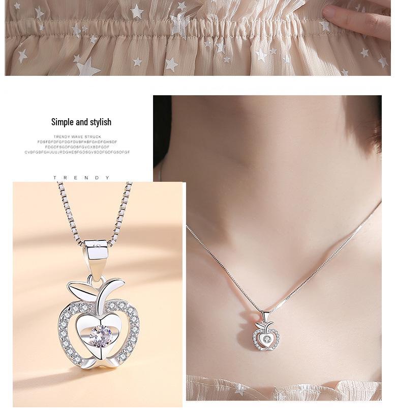 Korean Style Sterling Silver Apple Pendant with Diamonds - Fresh Fruit Christmas Jewelry