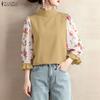 ZANZEA Women Stand Collar Floral Print Splice 3/4 Sleeve Blouse